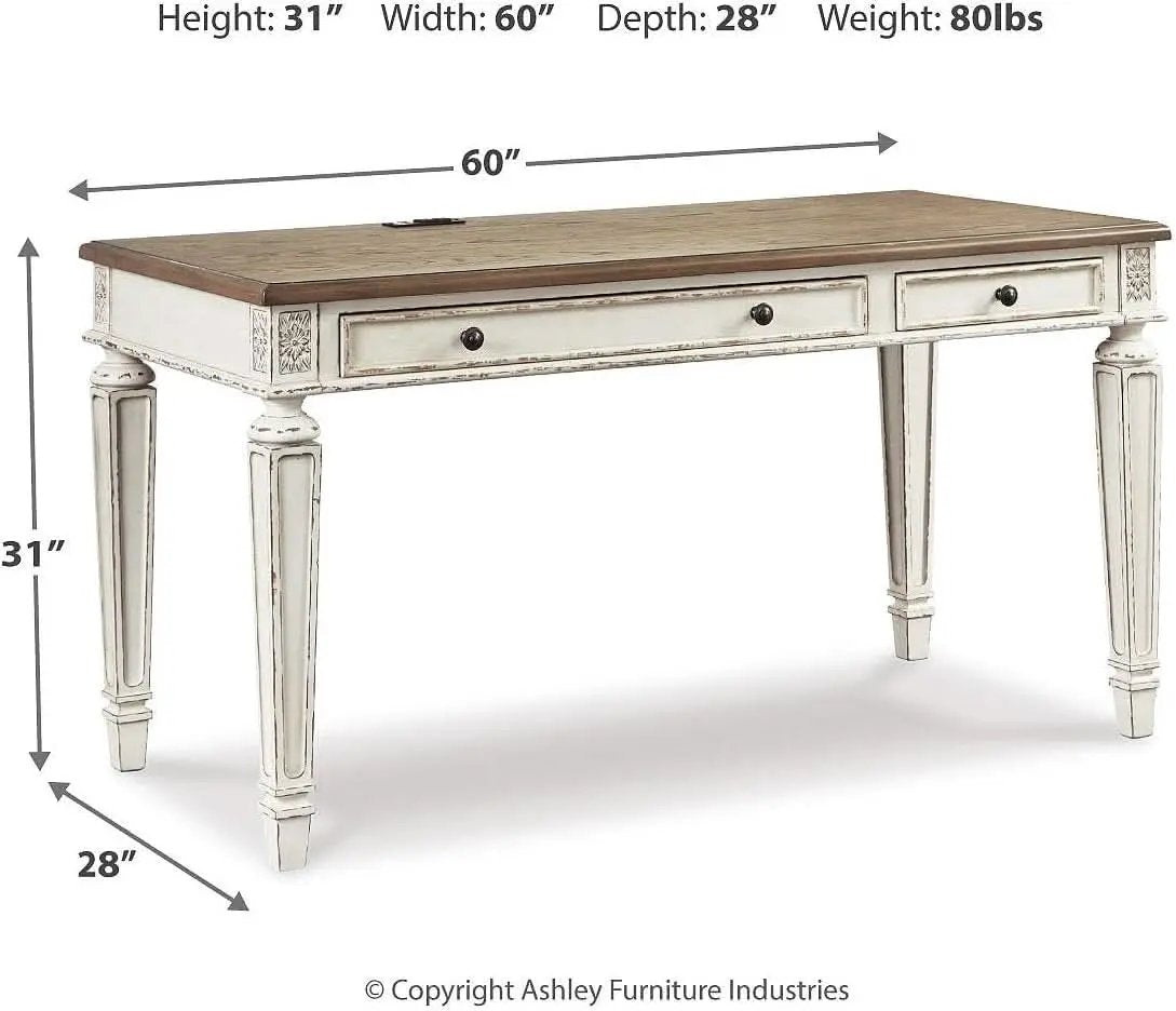 Realyn Farmhouse 60 Inch Home Office Desk With USB Charging Chipped White from PriceLows™