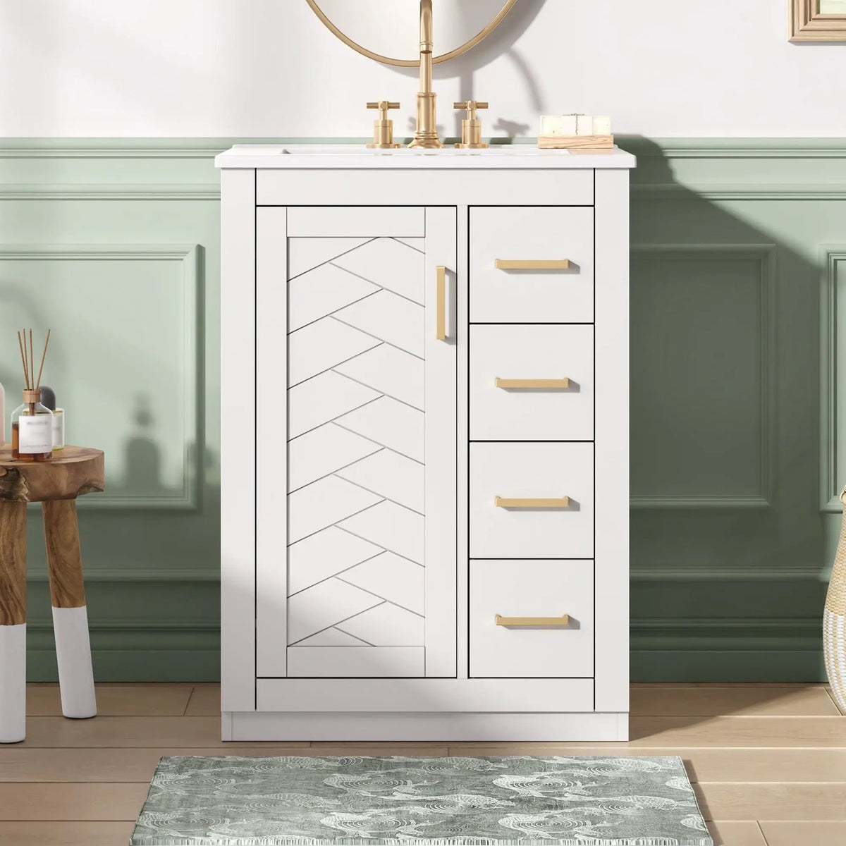 24 Inch Modern Bathroom Vanity | 1 Door 3 Drawers | Ceramic Sink | Compact Footprint