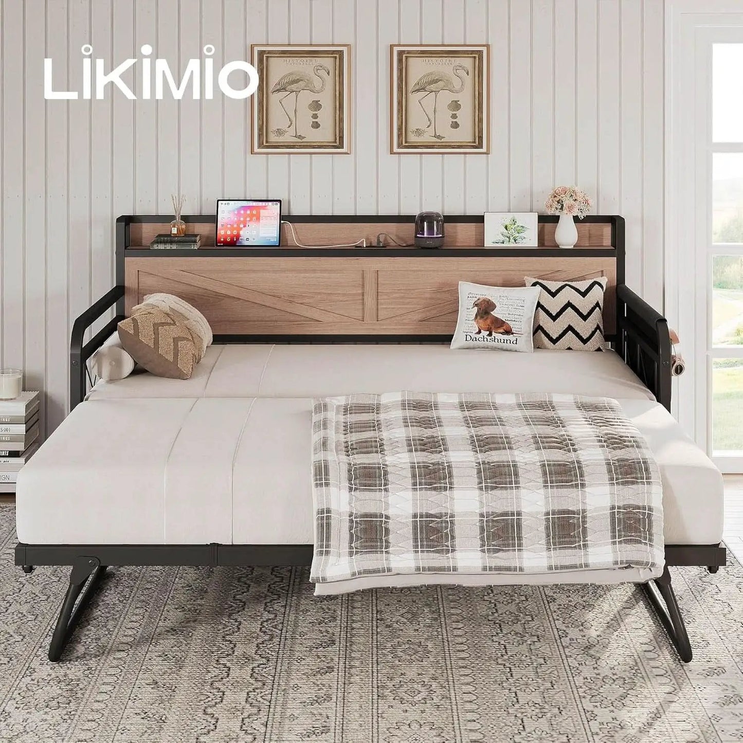 Twin Daybed With Trundle And Charging Station In Natural Wood from PriceLows™