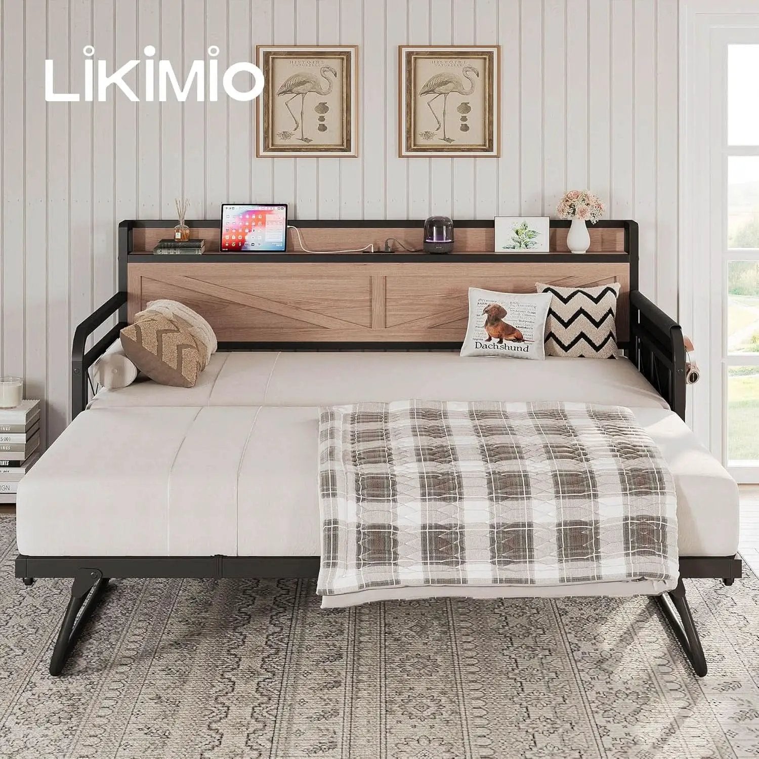 Twin Daybed With Trundle And Charging Station In Natural Wood from PriceLows™