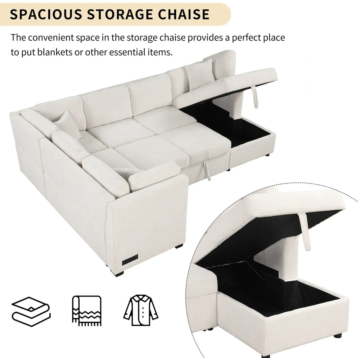 U-Shaped Sectional Sofa Pull Out Sofa Bed With Two USB Ports, Two Power Sockets | 3 Pieces | Fabric | Bedroom