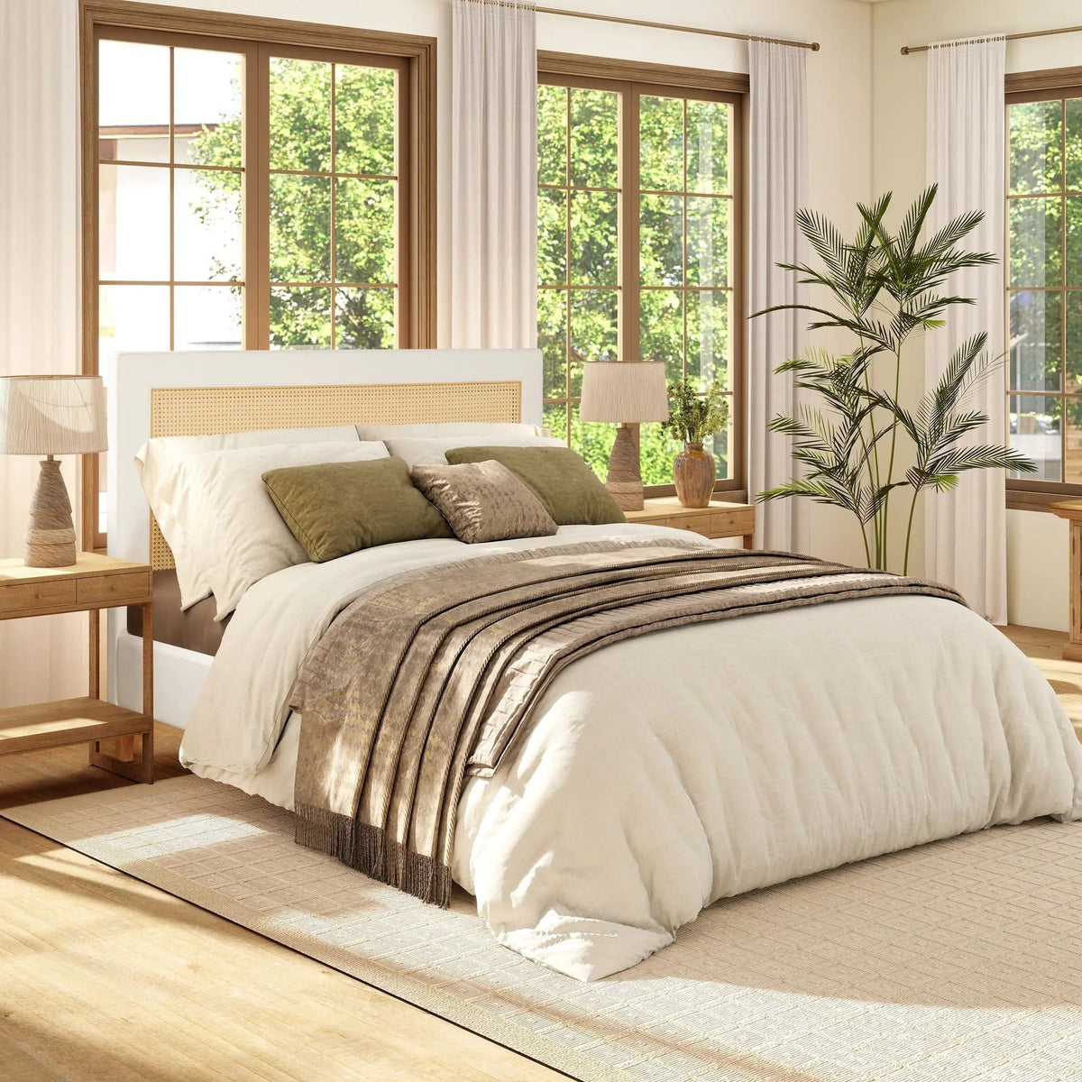 Haley Upholstered Cane Back Platform Bed | 2 Pieces | Solid Wood & Wicker | Bedroom