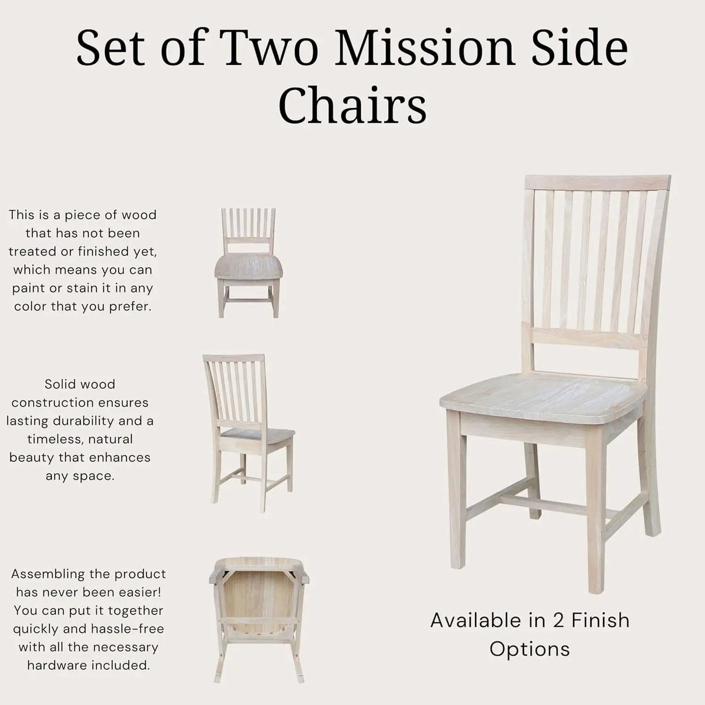 Mission Side Dining Chairs Set Of 2 Solid Parawood Unfinished 39.2 Inch Height from PriceLows™