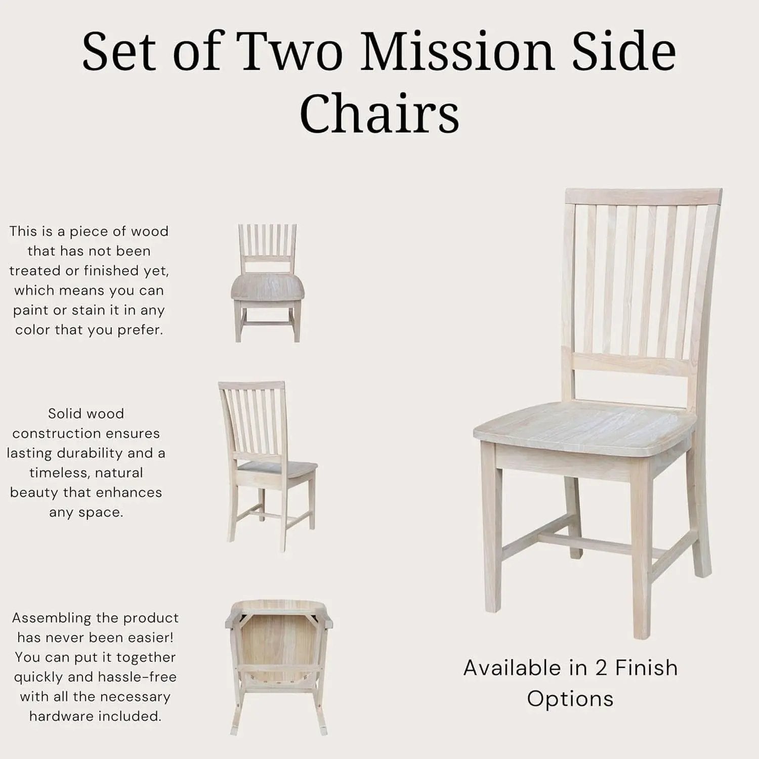 Mission Side Dining Chairs Set Of 2 Solid Parawood Unfinished 39.2 Inch Height from PriceLows™