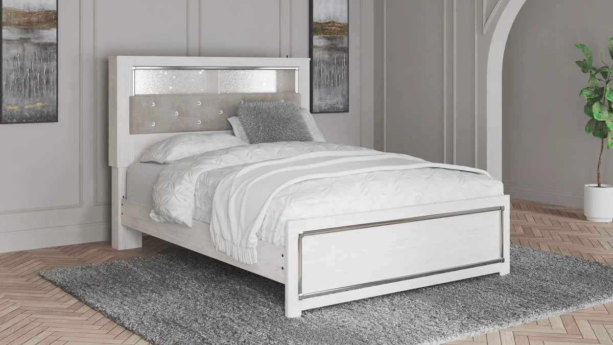 Altyra Queen Panel Bookcase Bed With Roll Slats | Storage Bed | Engineered Wood & Polyester | White