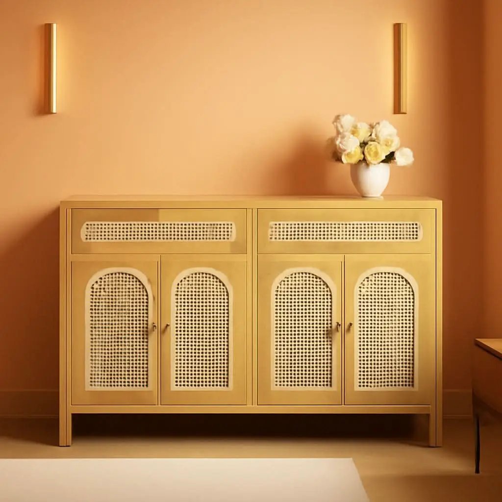 Two Piece Rattan Accent Sideboard Buffet Cabinet With Large Drawers 36 Inch High Natural Finish from PriceLows™