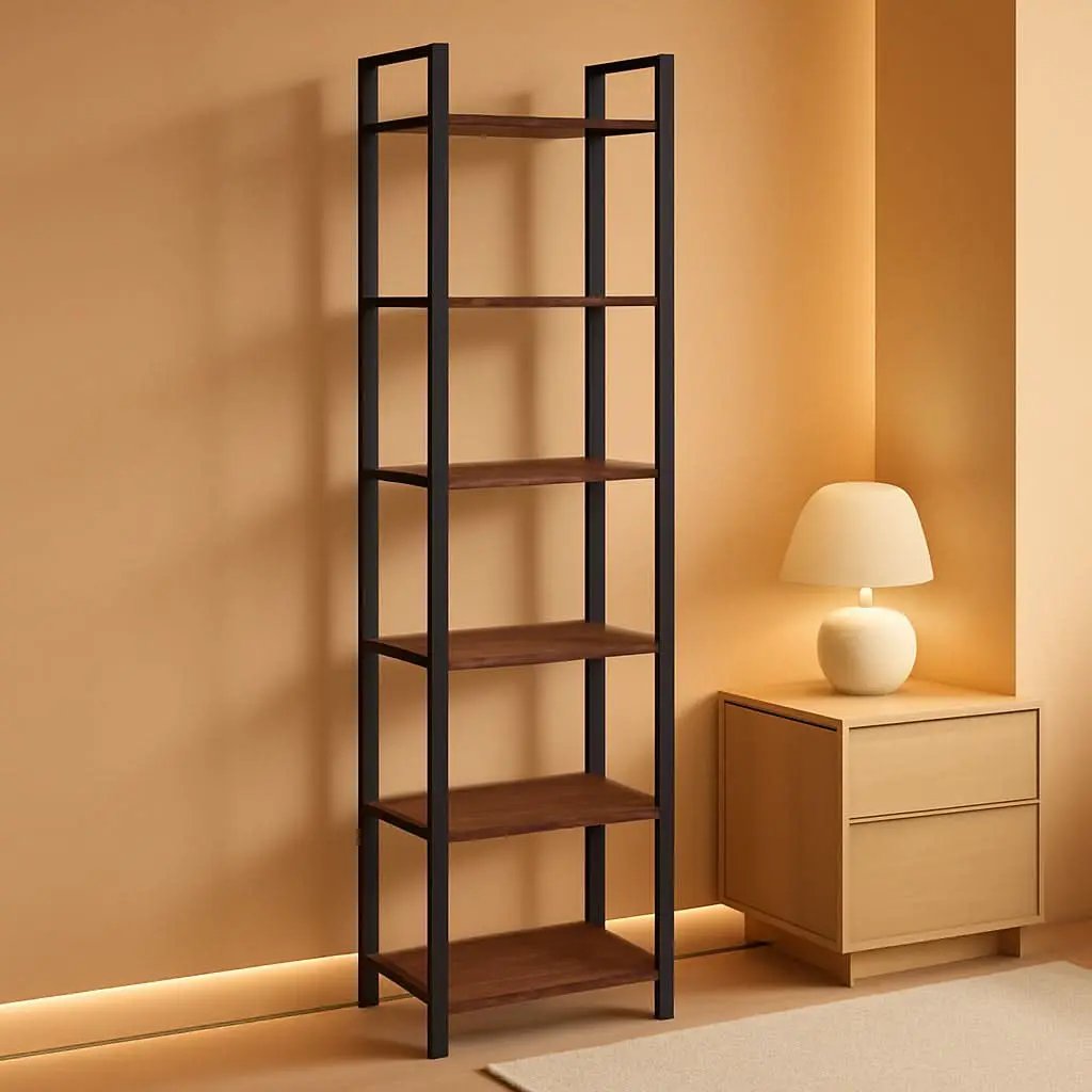Six Tier Standing Bookcase In Rustic Brown And Black For Small Spaces from PriceLows™