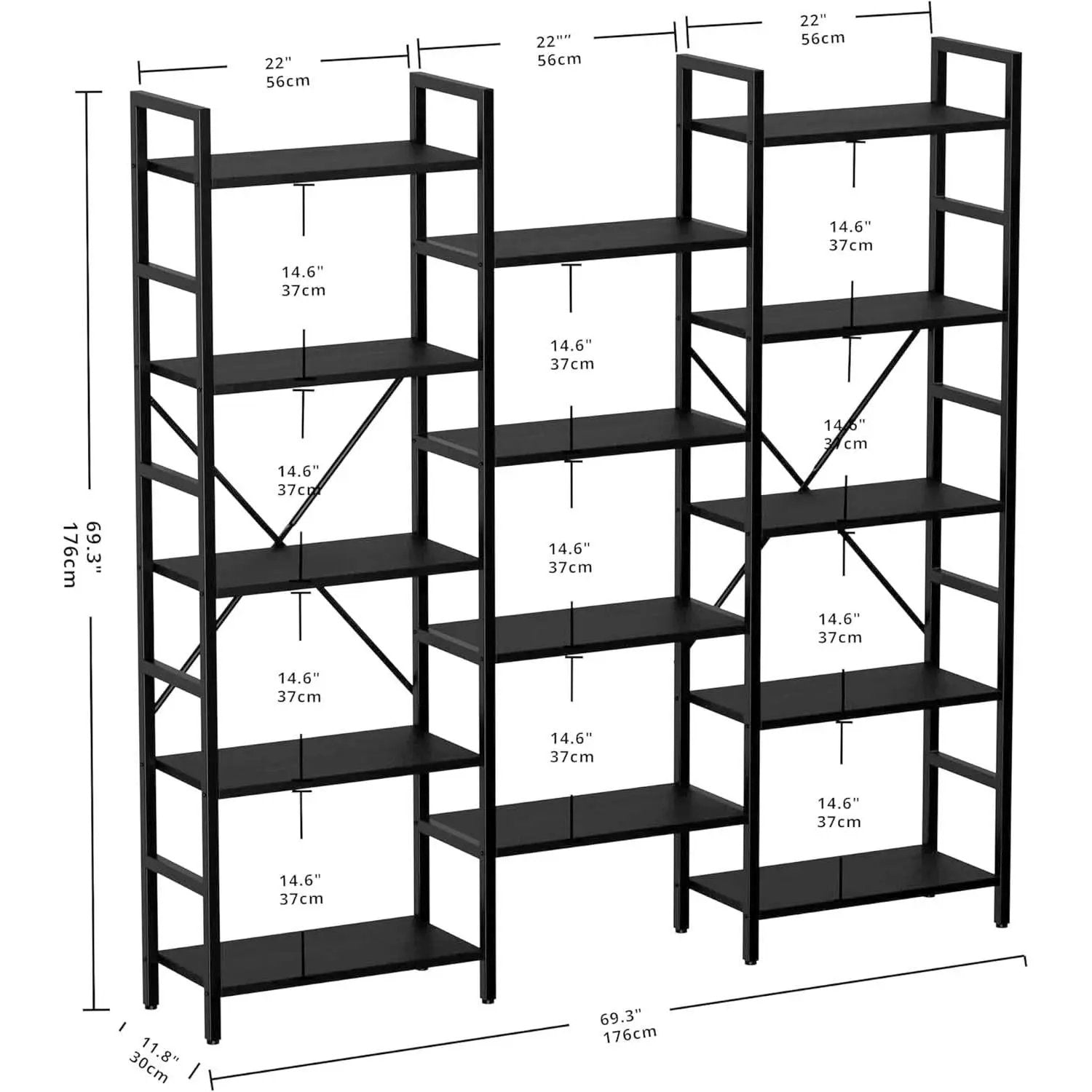 Triple Wide Industrial Bookshelf With Metal Frame 14 Open Shelves from PriceLows™
