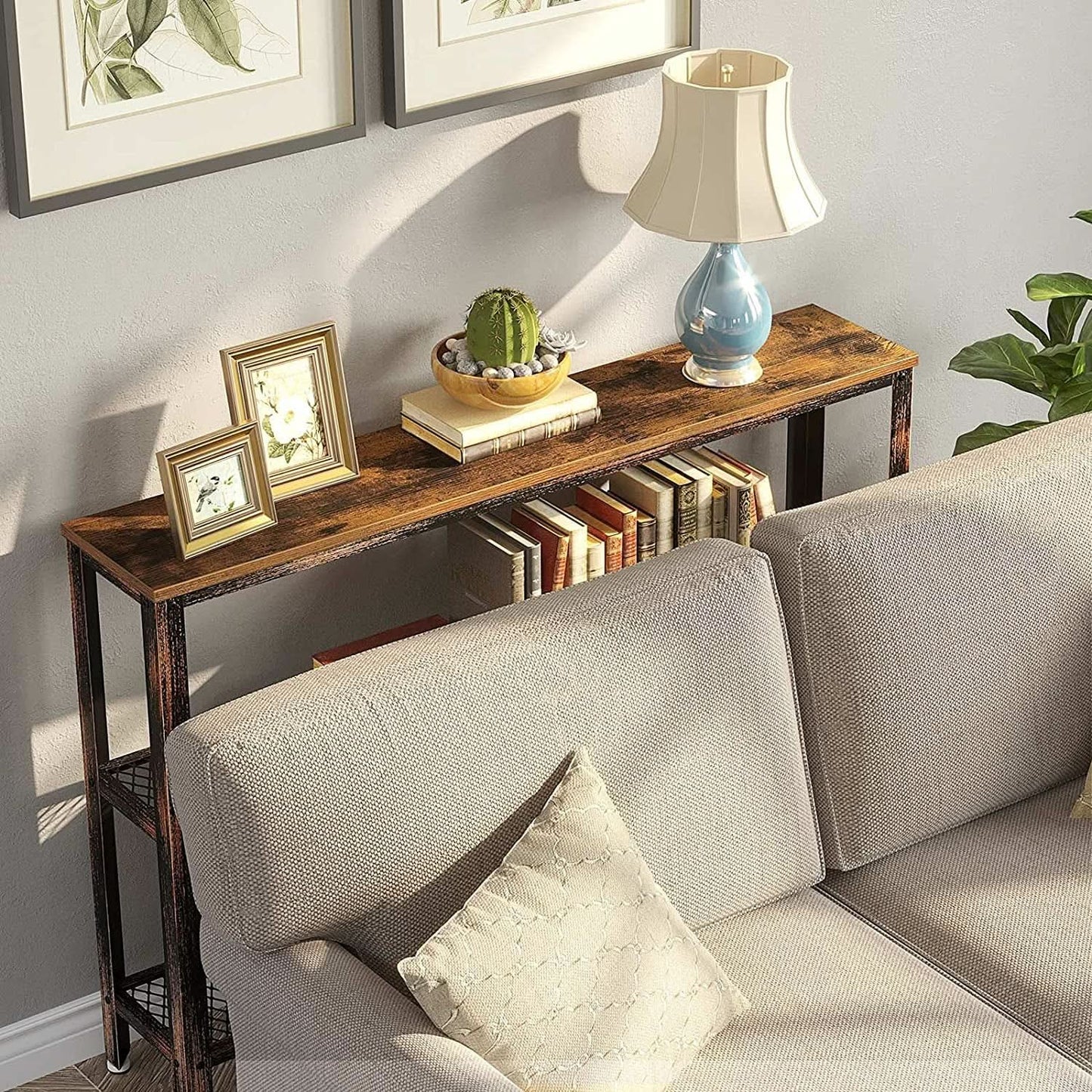 Rustic Console Table 47.25 Inch Long With Mesh Shelves from PriceLows™