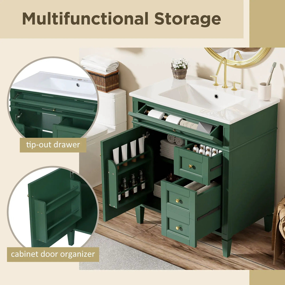 30 Inch Bathroom Vanity With Top Sink | 2 Drawers | Tip-Out Drawer | Vintage-Inspired Handles