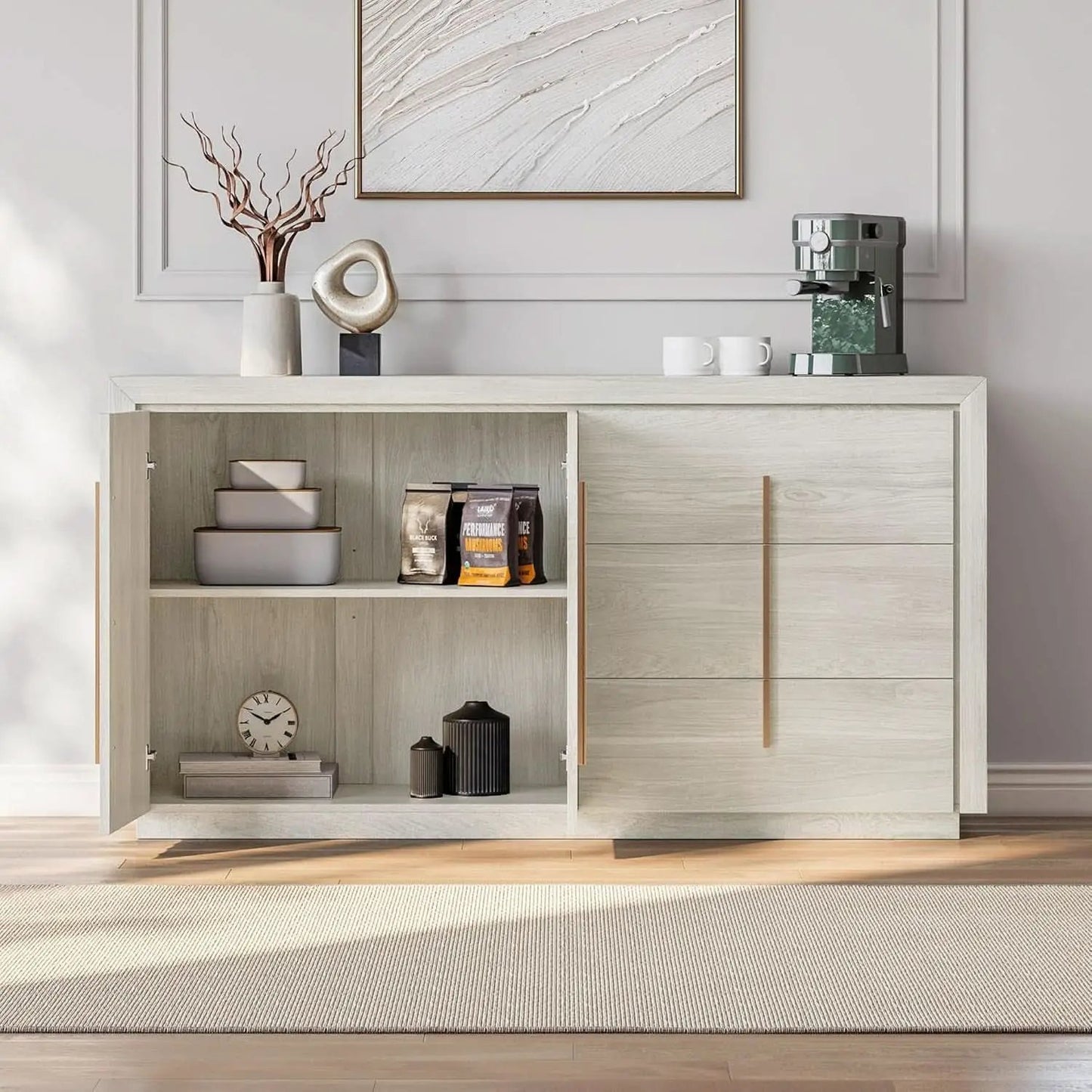64 Inch Modern Industrial Sideboard Cabinet White Sand from PriceLows™