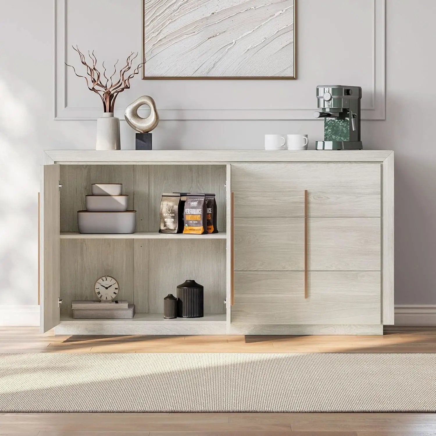 64 Inch Modern Industrial Sideboard Cabinet White Sand from PriceLows™