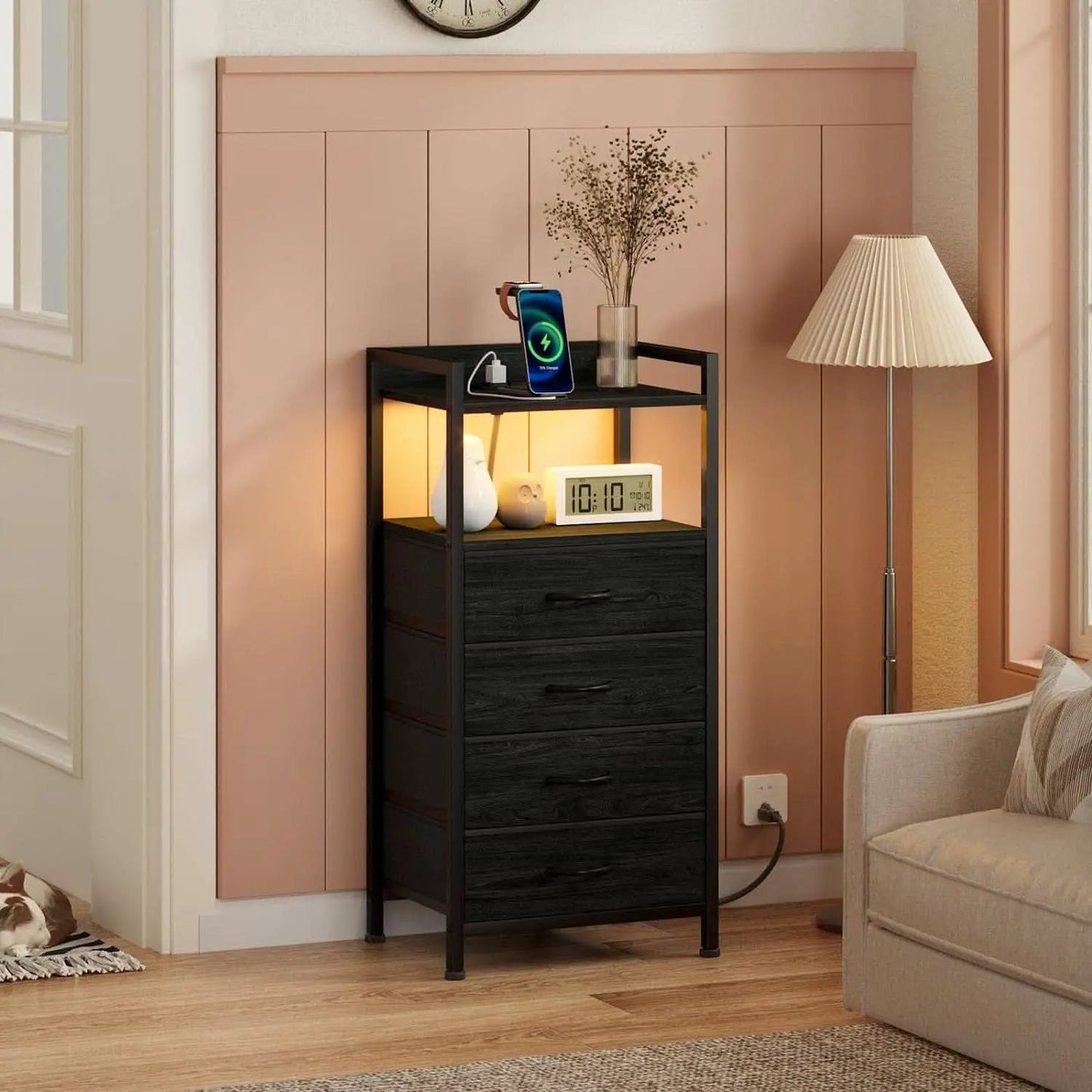 Black Nightstand With LED Lights And Built In Charging from PriceLows™