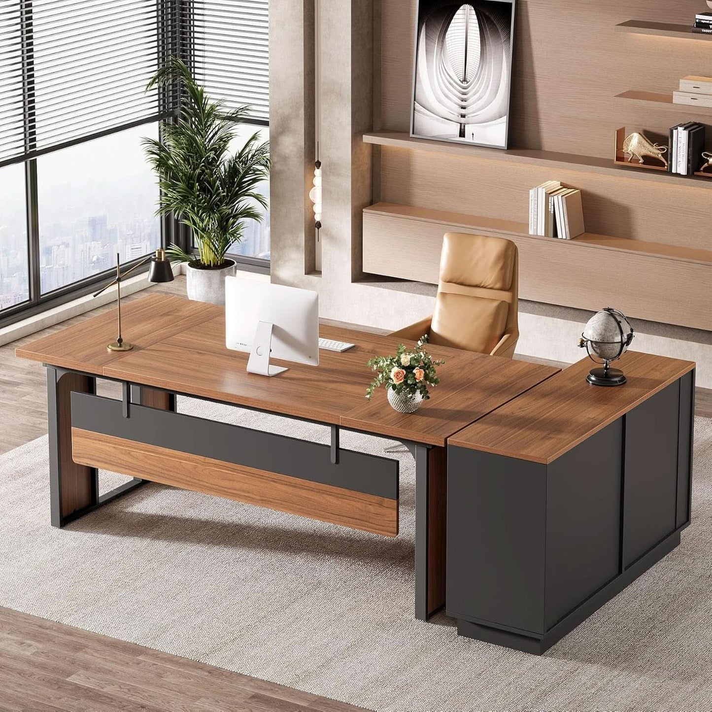 63 Inch L Shaped Executive Desk With Storage Shelves from PriceLows™