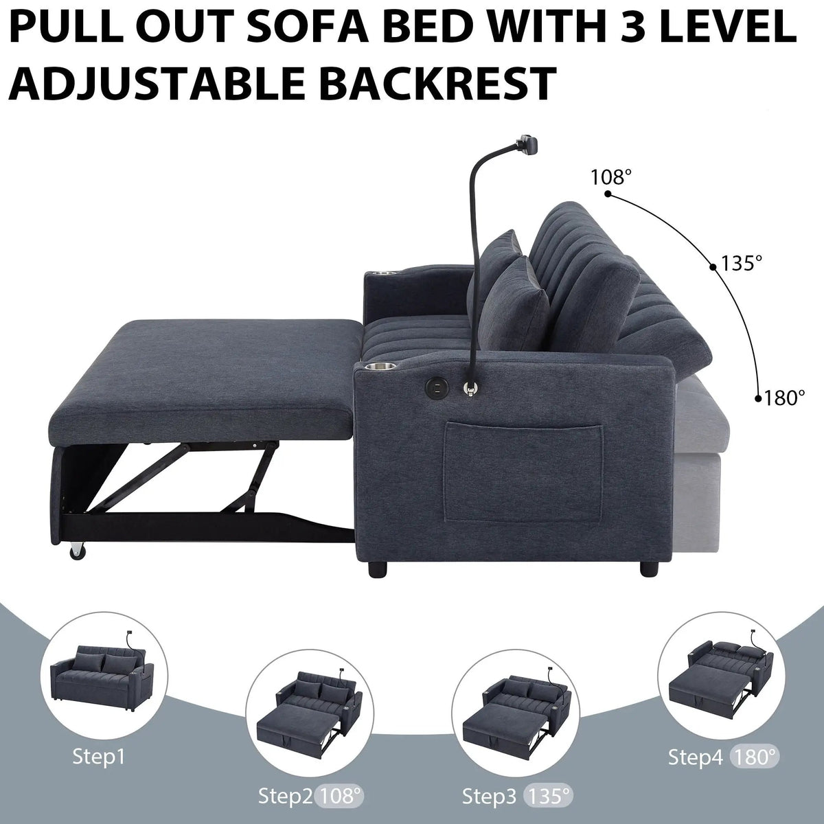 Convertible Sofa Bed | Adjustable Backrest | USB Charging Ports
