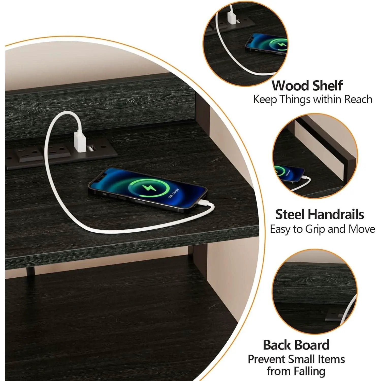 Black Nightstand With LED Lights And Built In Charging from PriceLows™