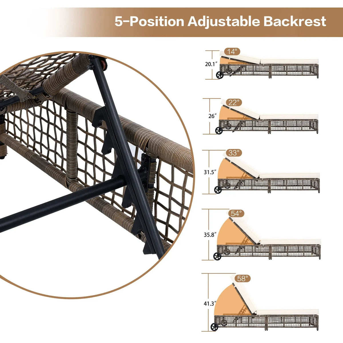 Outdoor Lounge Chair | 5 Position Reclining | Portable Wheels