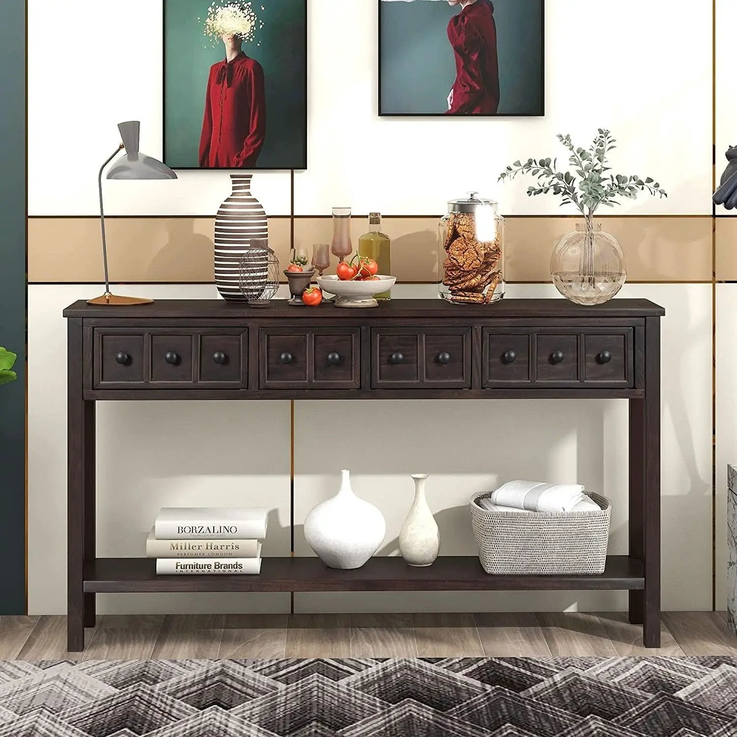 Rustic 60 Inch Console Table With Drawers And Shelf from PriceLows™