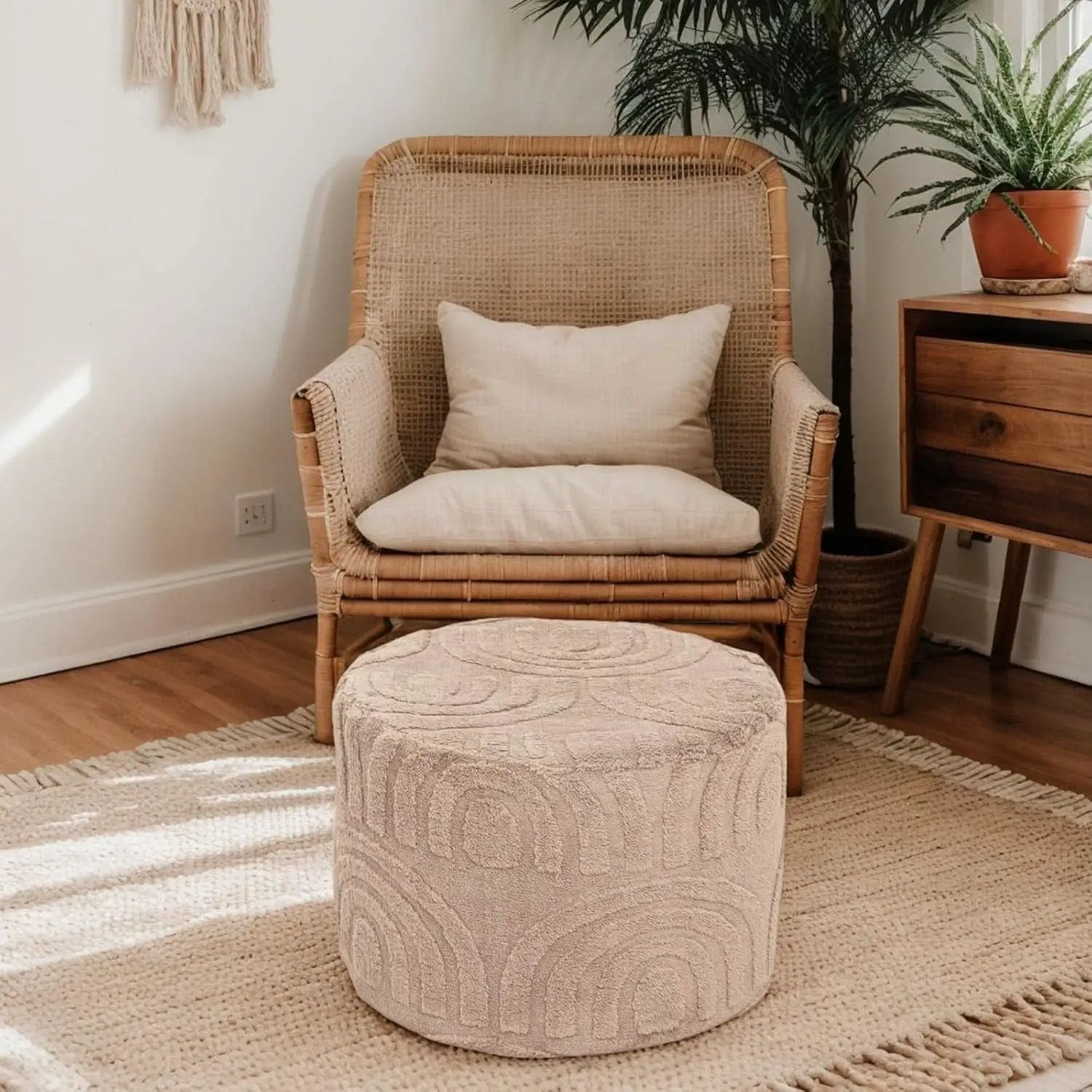 Khaki Round Ottoman Pouf 20x20x14 Inches Luxurious from PriceLows™