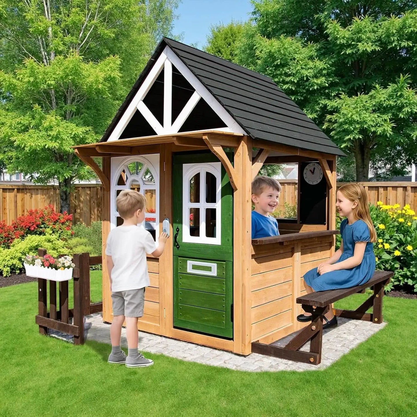 Cedar Gray Weather proof Kids Playhouse With Doorbell from PriceLows™