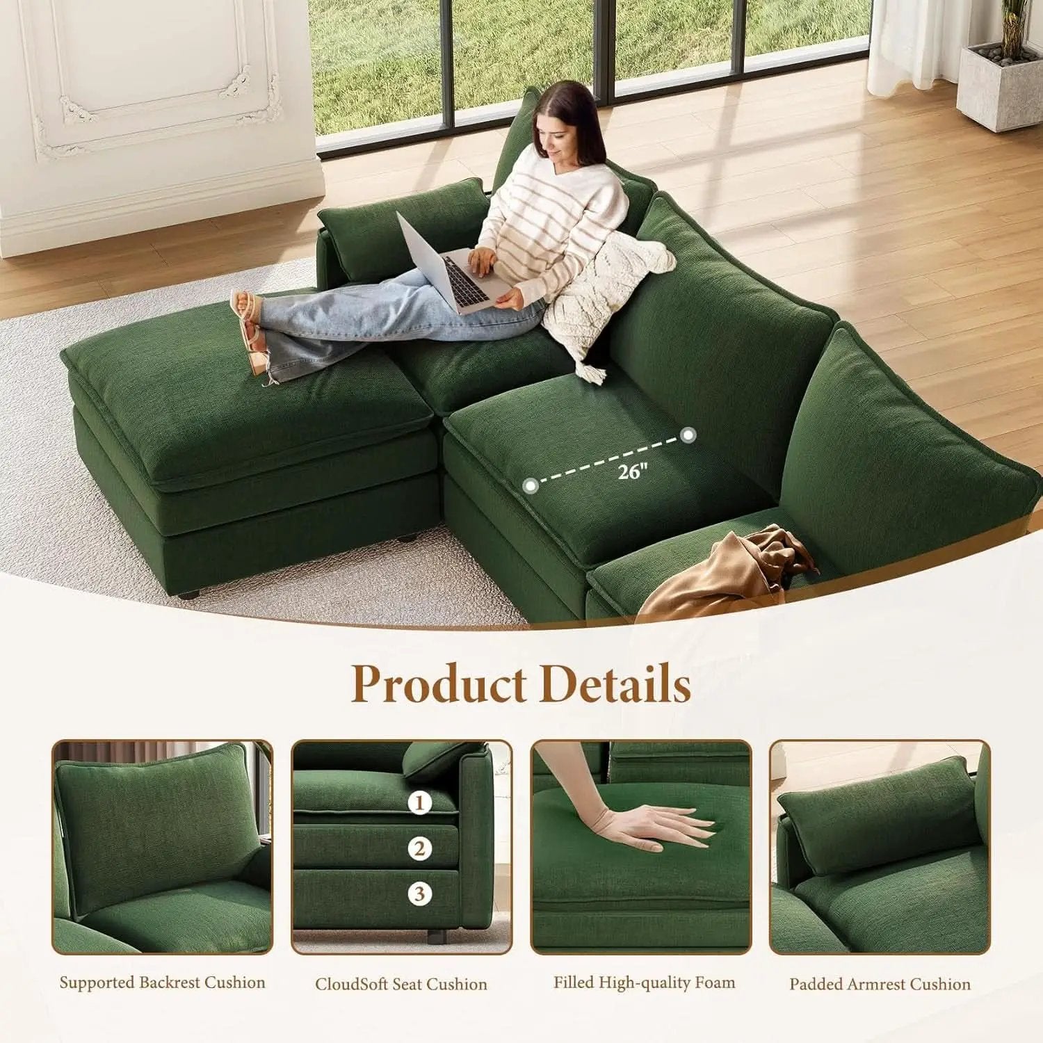 Green 108 Inch DeluxePlus Cloud Sleeper Sectional Sofa from PriceLows™