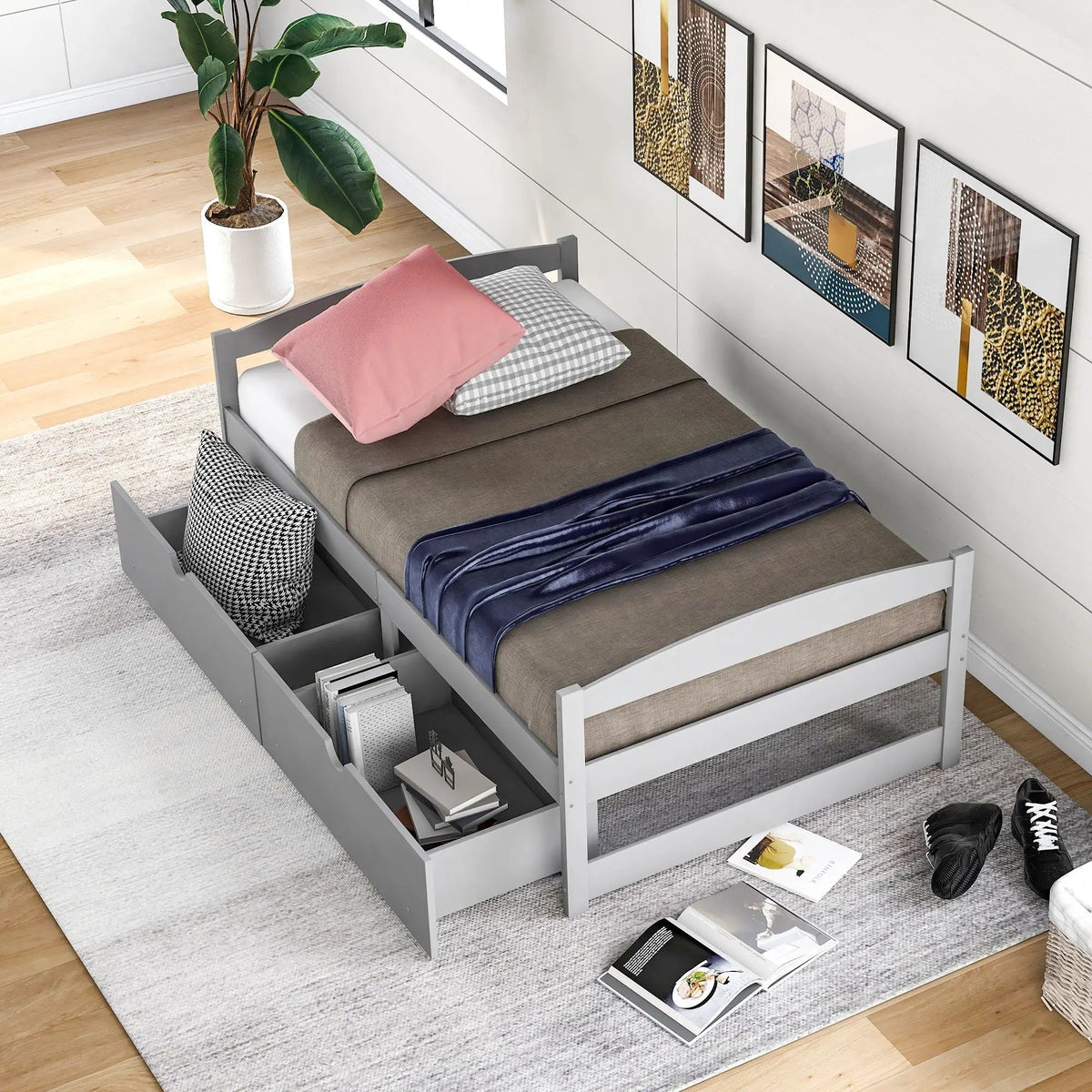 Platform Bed | Pine Wood Frame | Dual Rolling Drawers