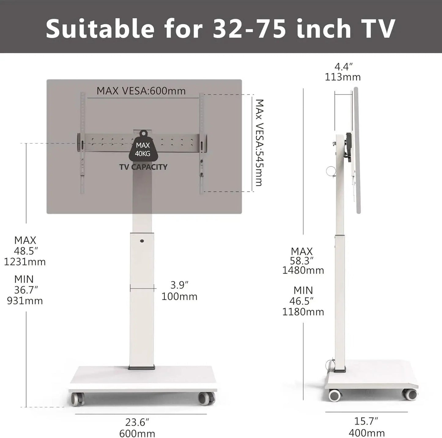 Rolling TV Stand On Wheels For 32 To 75 Inch TVs With 40 Degree Swivel from PriceLows™