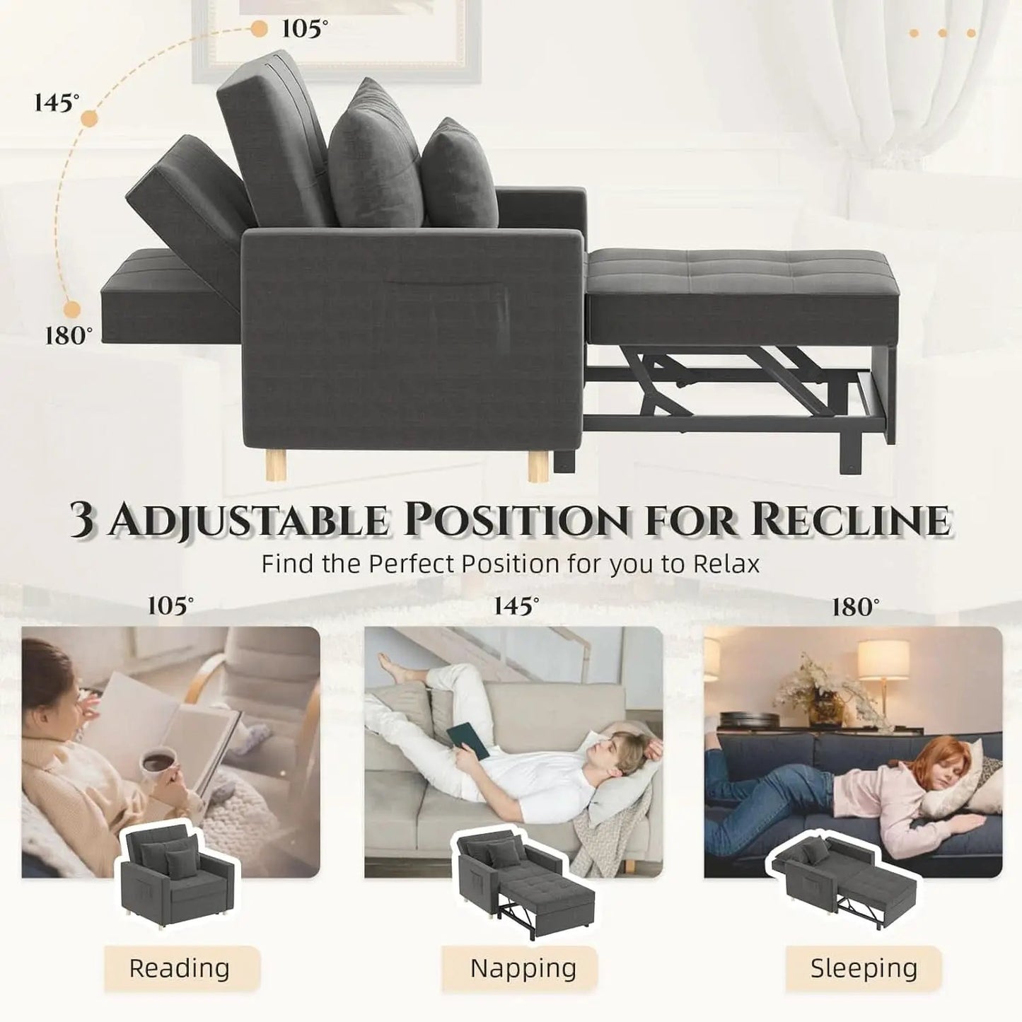 36 Inch Convertible Sleeper Chair GreyTexturedFabric from PriceLows™