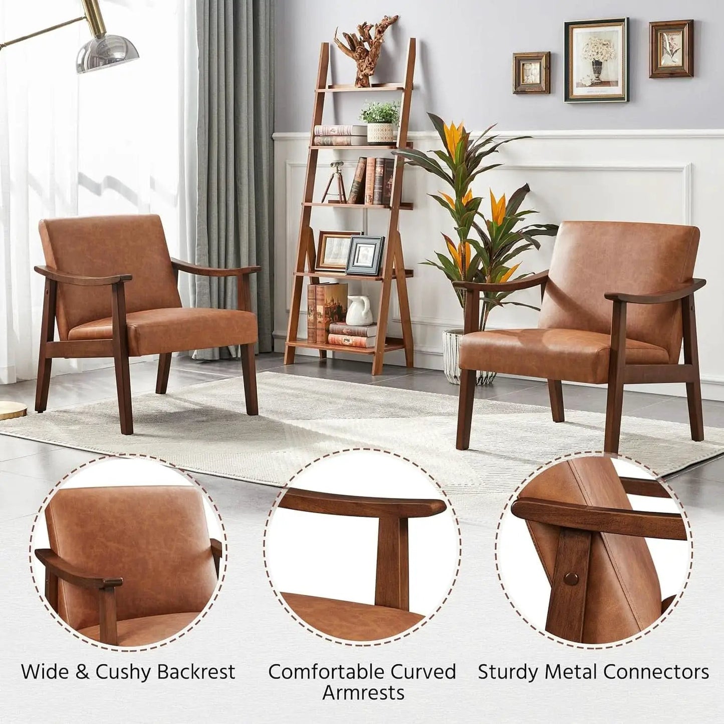 Brown PU Leather Accent Chairs Set of 2 Mid Century Modern from PriceLows™