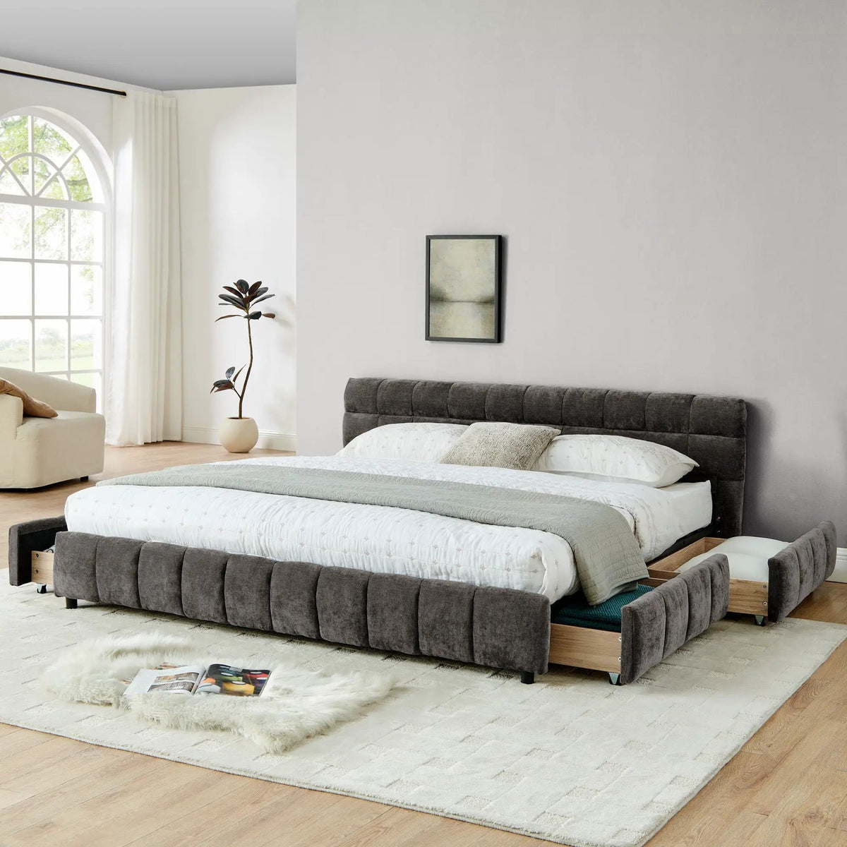 Modern Platform Storage Bed Frame | Thick Fabric Upholstery | Soft Headboard | Solid Construction