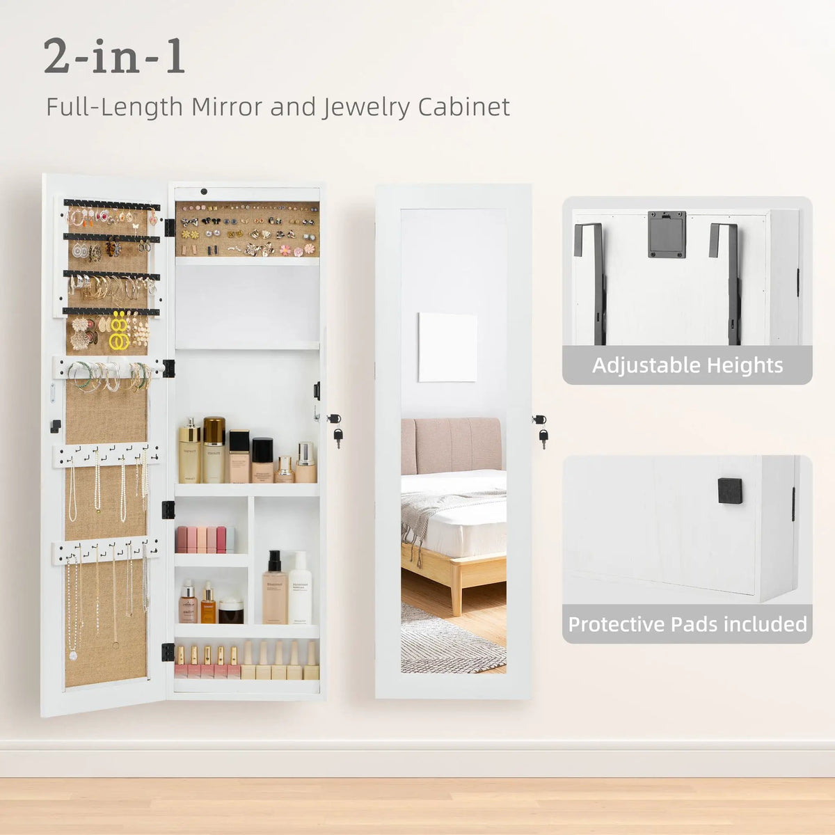 Jewelry Armoire With Full Length Mirror | Lockable Wall Mounted Cabinet | LED Light | Over The Door Use