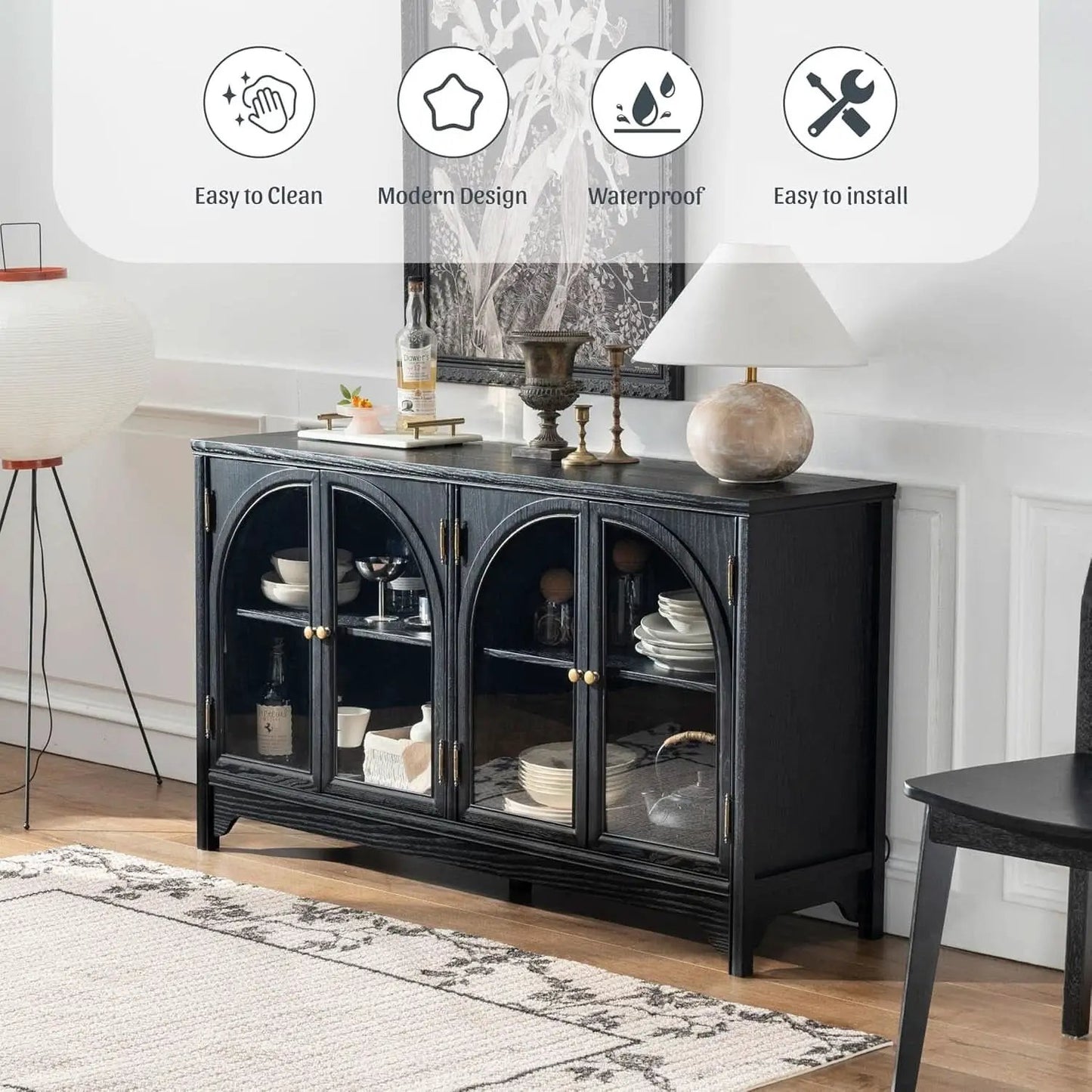 55 Inch Solid Wood Buffet Cabinet Farmhouse Sideboard Black from PriceLows™