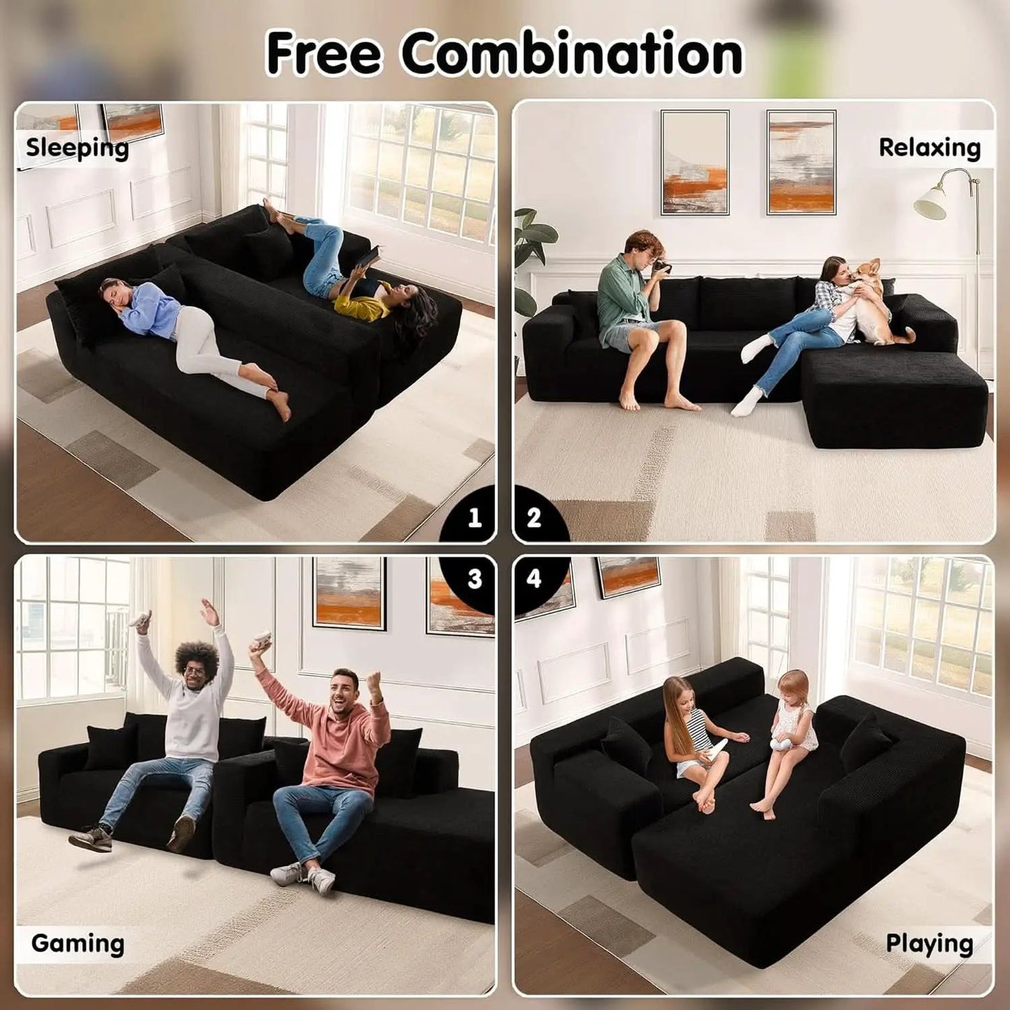 104 Inch Black Corduroy L Shaped Sectional Sofa Deep Set Upholstered Modular Couch No Assembly from PriceLows™