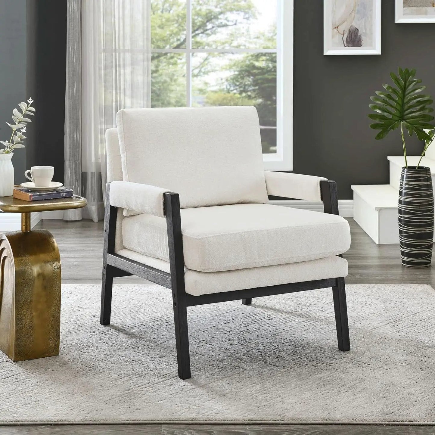 White Chenille Upholstered Mid Century Accent Armchair from PriceLows™