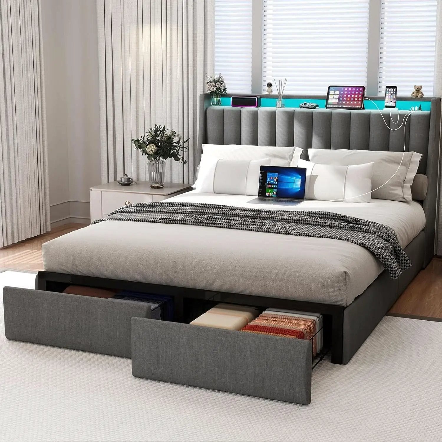 Queen Bed Frame With LED Lights And Storage Drawers from PriceLows™