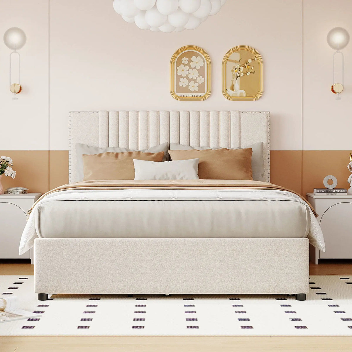 Upholstered Platform Bed | Drawers | Classic Headboard Design | Thick Foam Fill