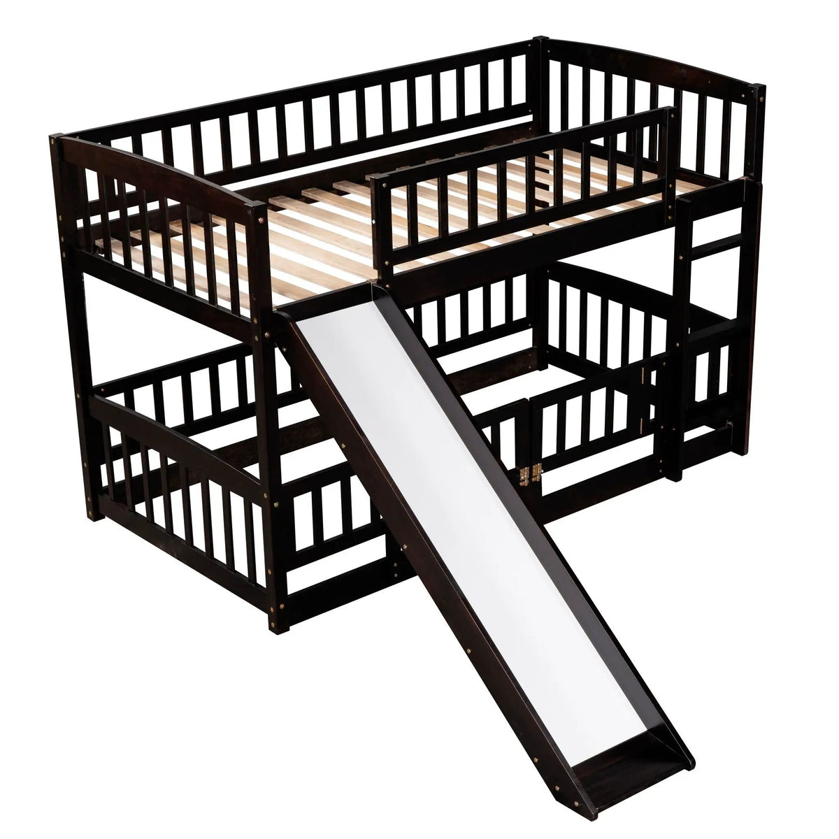 Low Bunk Bed With Slide | Fence And Ladder | Built-In Play Area | Kids Bedroom