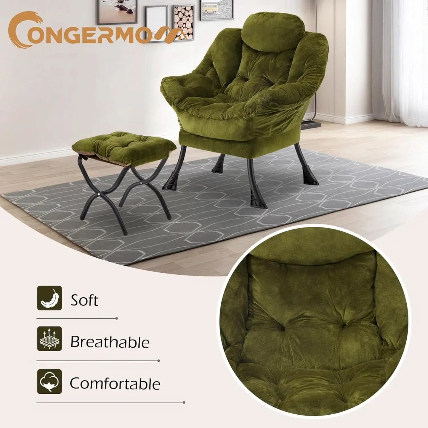 Plush Green Folding Ottoman Lounge Chair With Footrest from PriceLows™