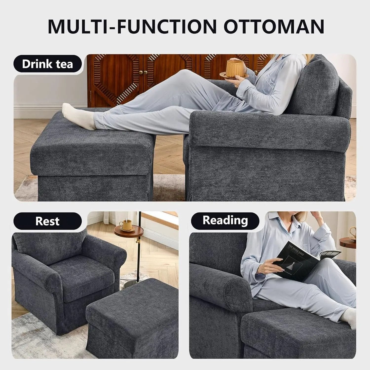 Gray 35 Inch Accent Chair With Ottoman And Chaise Lounge from PriceLows™