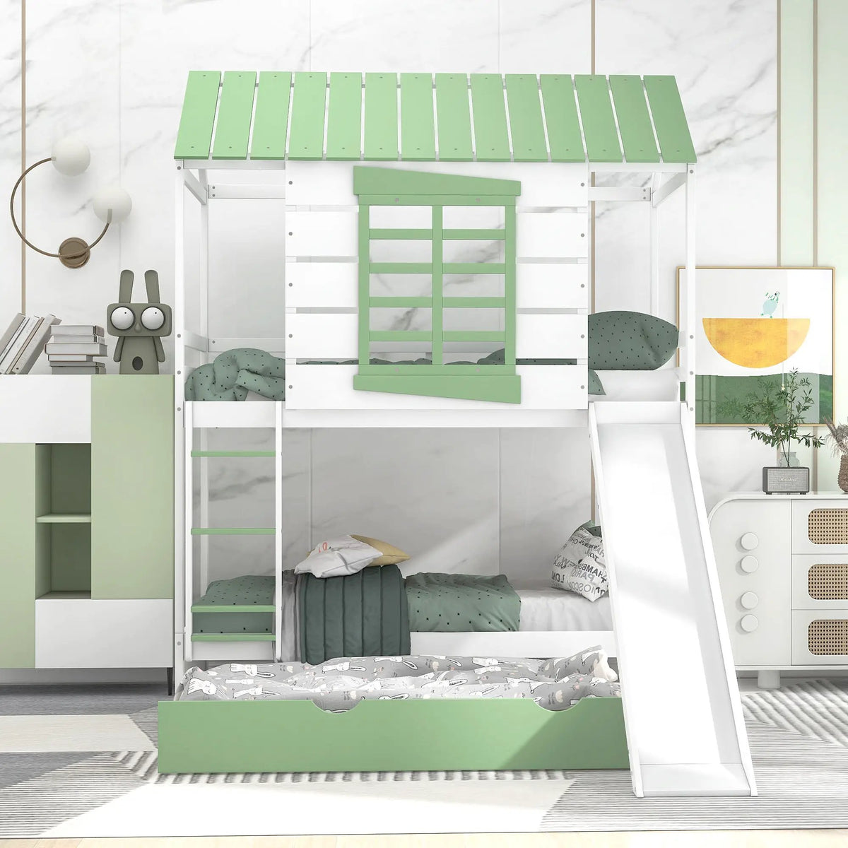 Twin House Bunk Bed | With Trundle | With Slide | White