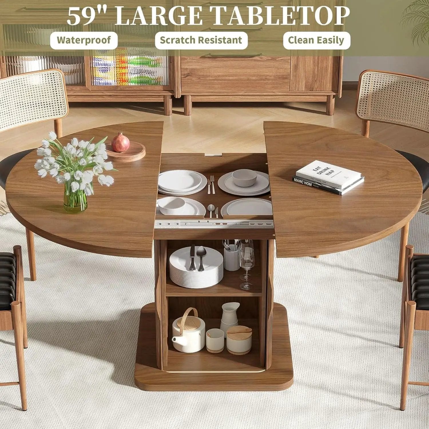 Extendable Round Dining Table 59 Inch Walnut Modern from PriceLows™
