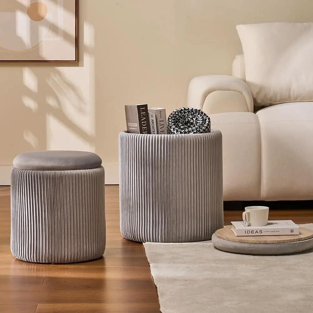 Round Velvet Storage Ottoman Collection Light Grey from PriceLows™