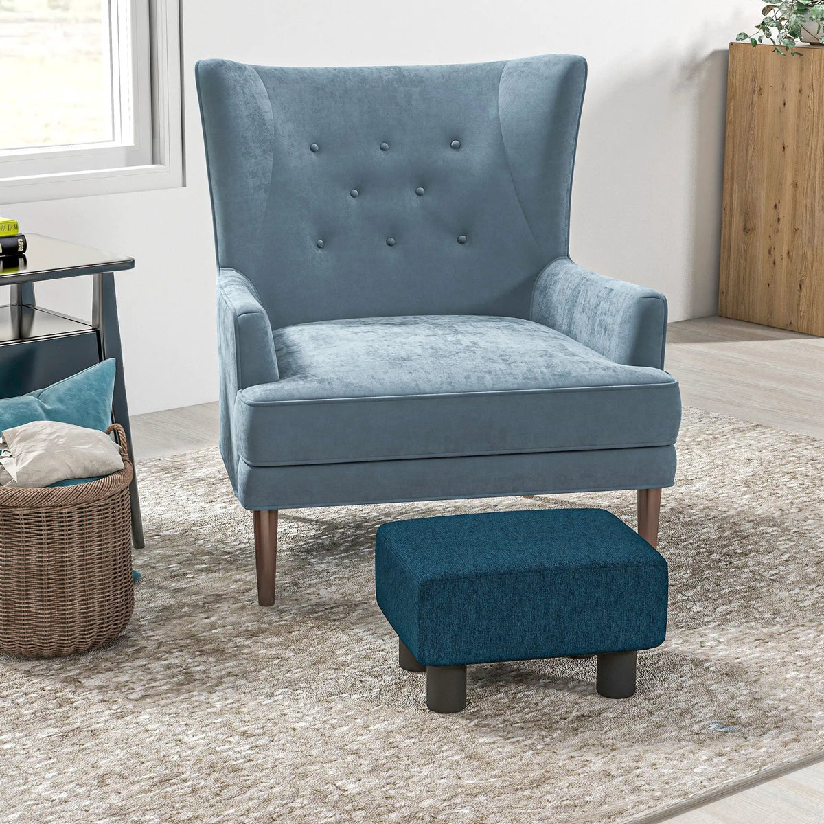 Linen Pouf Ottoman | 16 Inch Cube | Black Legs | Dark Blue
