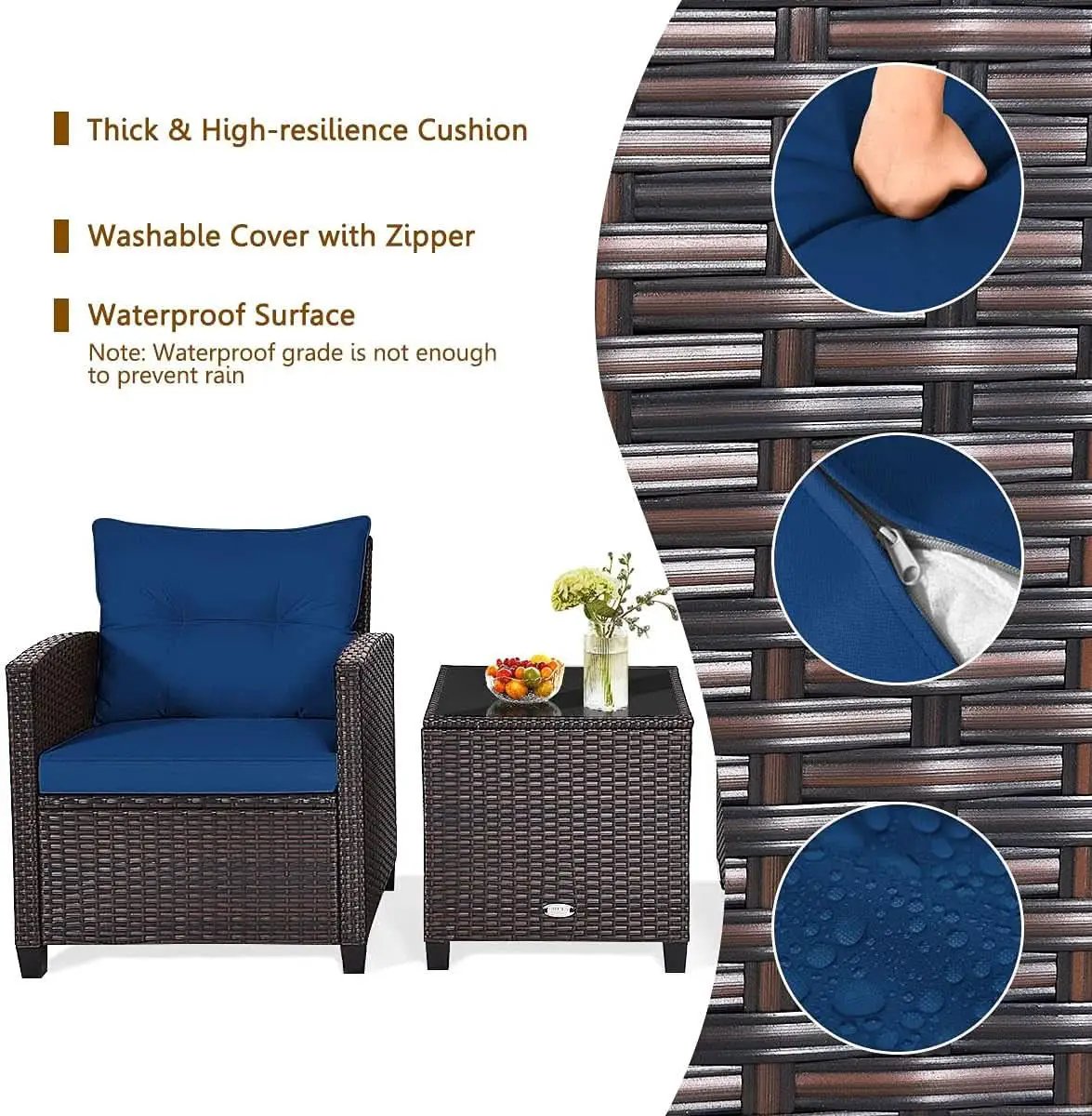 Three Piece Patio Furniture Set With Washable Cushions And Tempered Glass Tabletop Navy Blue from PriceLows™