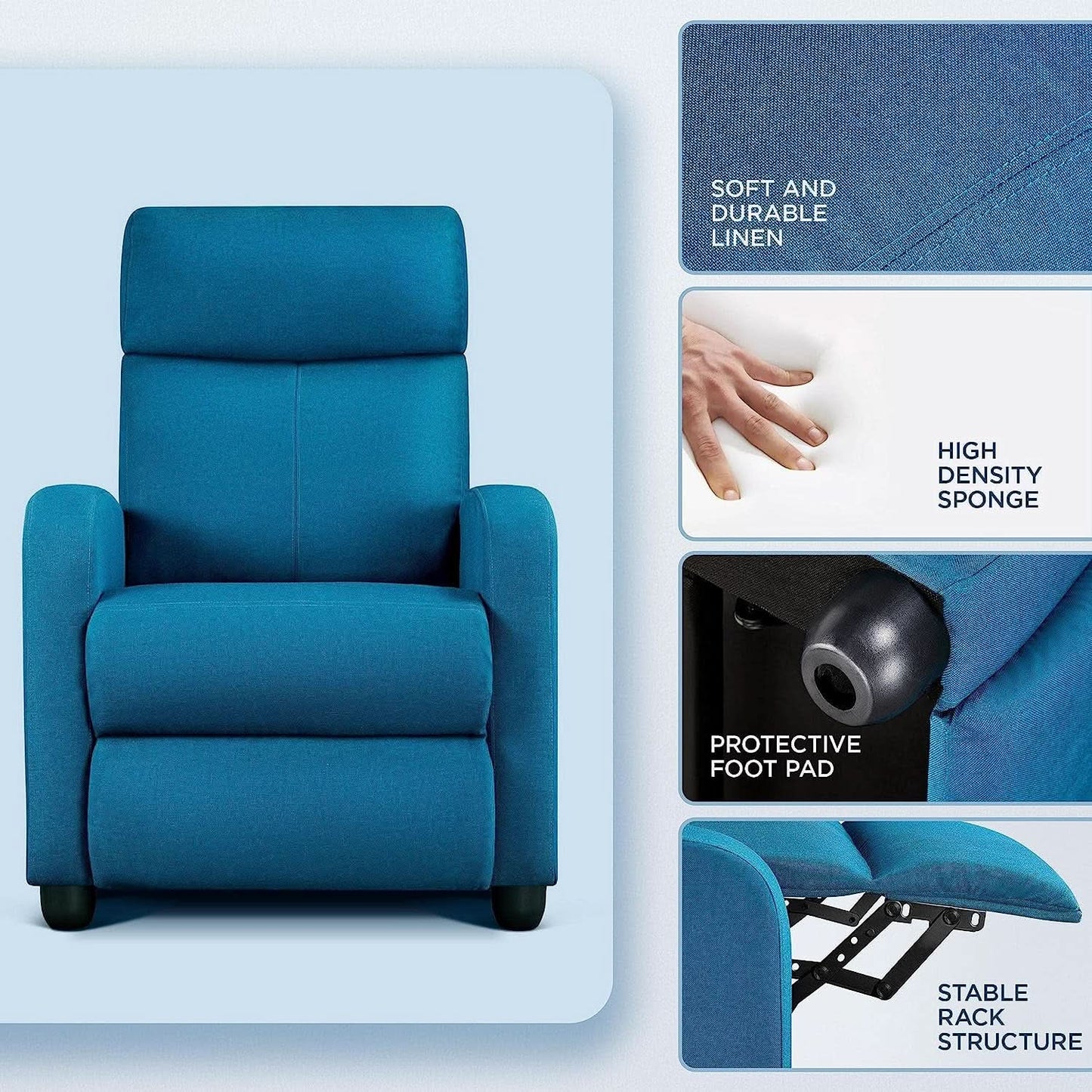 Blue Fabric Recliner Chair For Living Room Comfort from PriceLows™