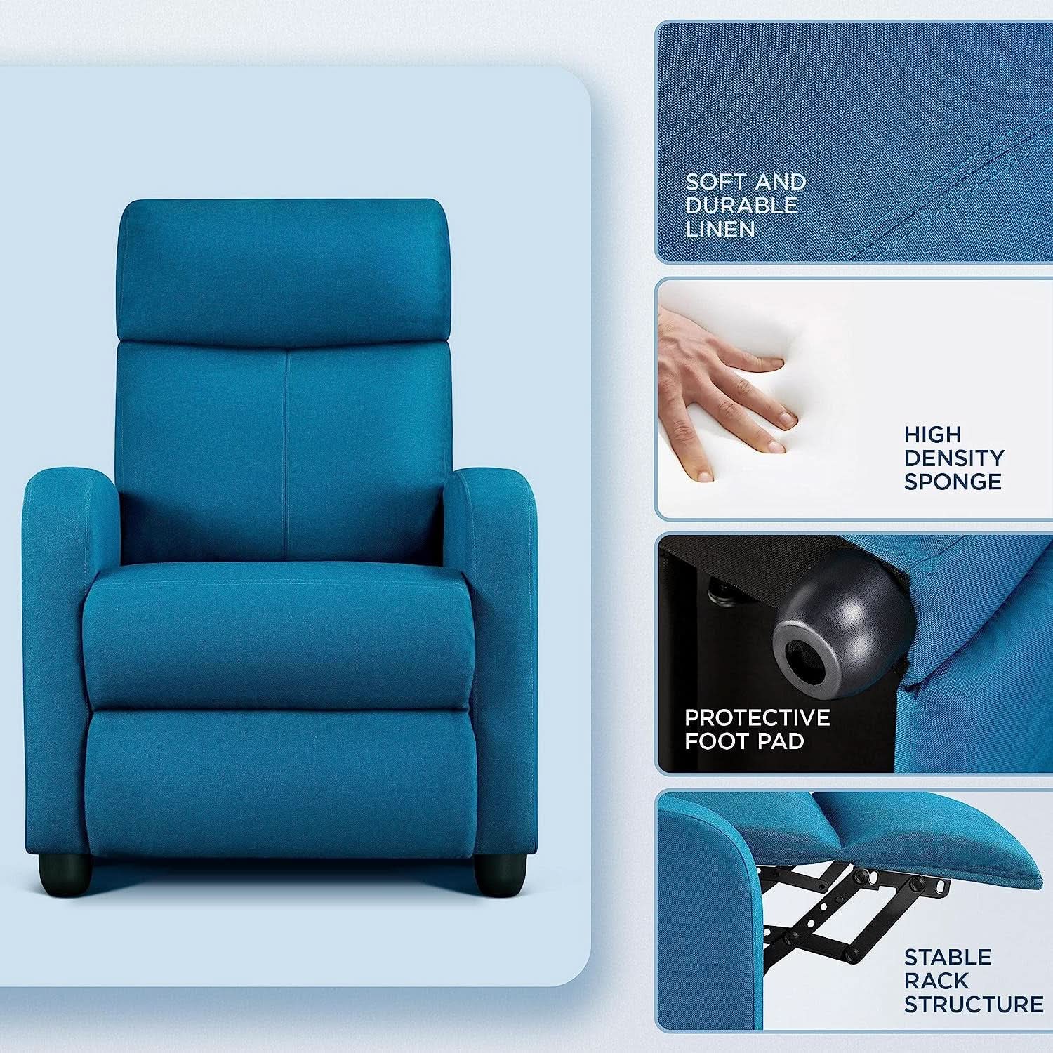 Blue Fabric Recliner Chair For Living Room Comfort from PriceLows™