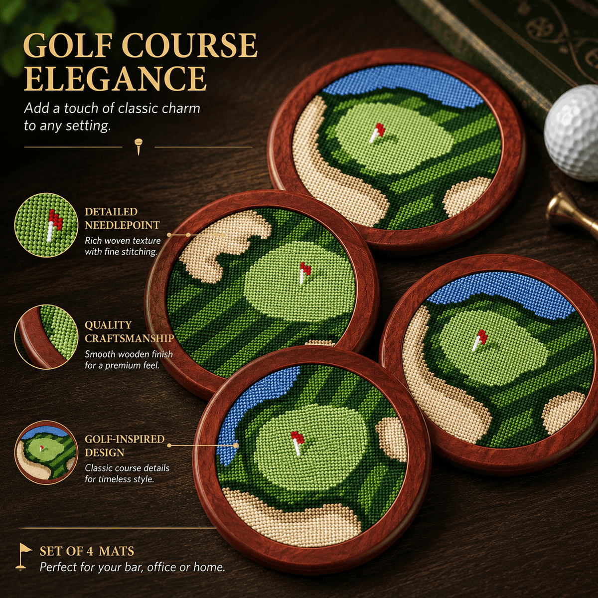 Golf Coasters, Durable Wooden Drink Coasters with Holder | Home Decor | Gift Ready