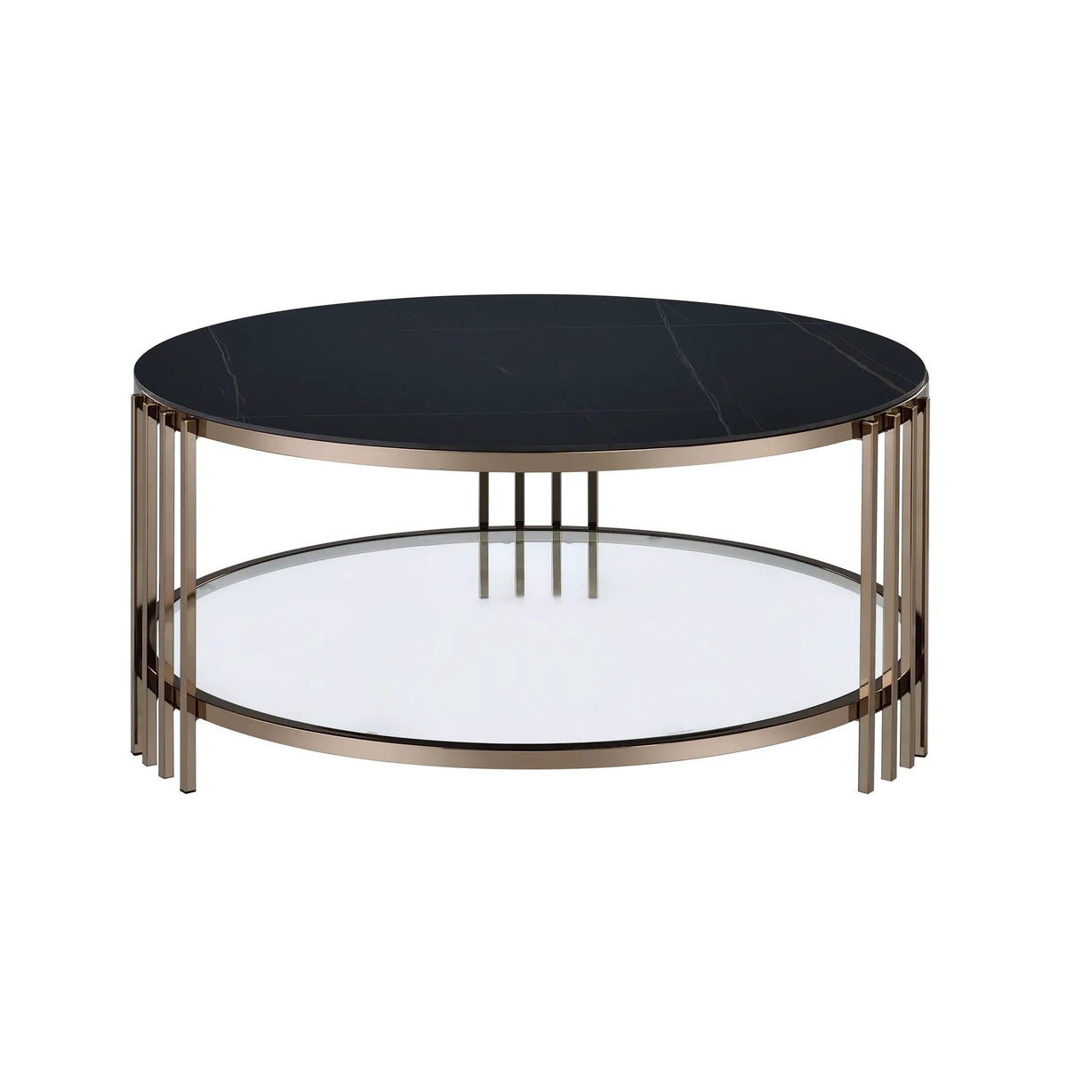 Abisha Round Coffee Table | 35 Inch Diameter | Sintered Stone Top | Champagne Metal Frame