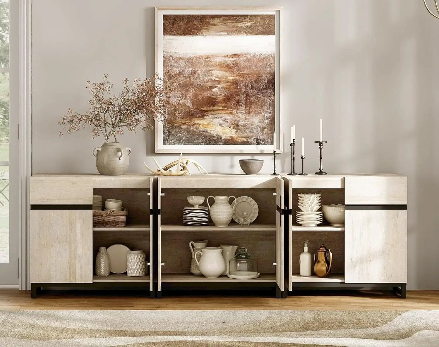 3 In 1 Multifunctional Sideboard Buffet Cabinet With Adjustable Shelves In Light Oak Finish For Living Room from PriceLows™