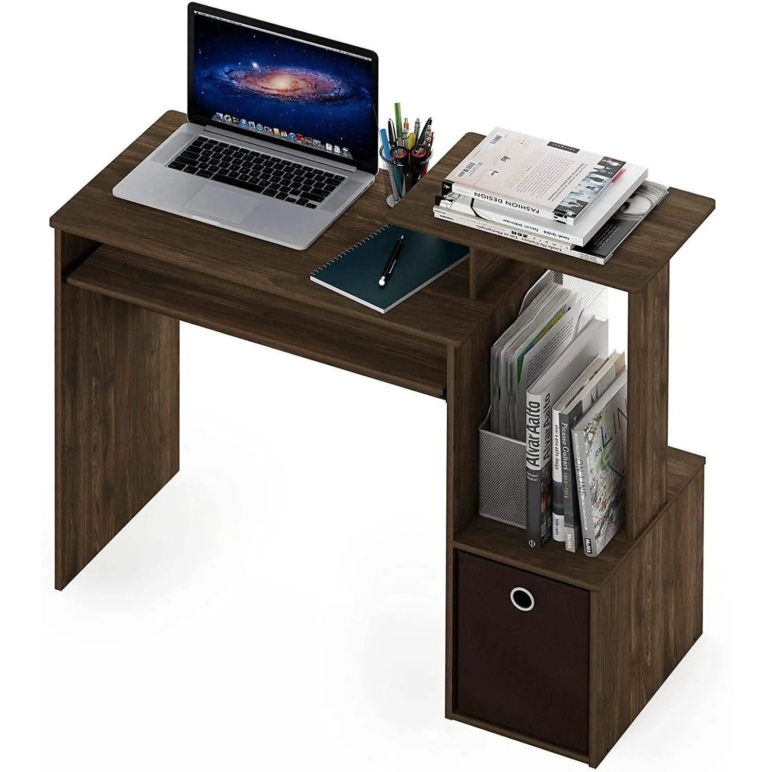Walnut Compact Desk With Keyboard Tray And Shelves from PriceLows™